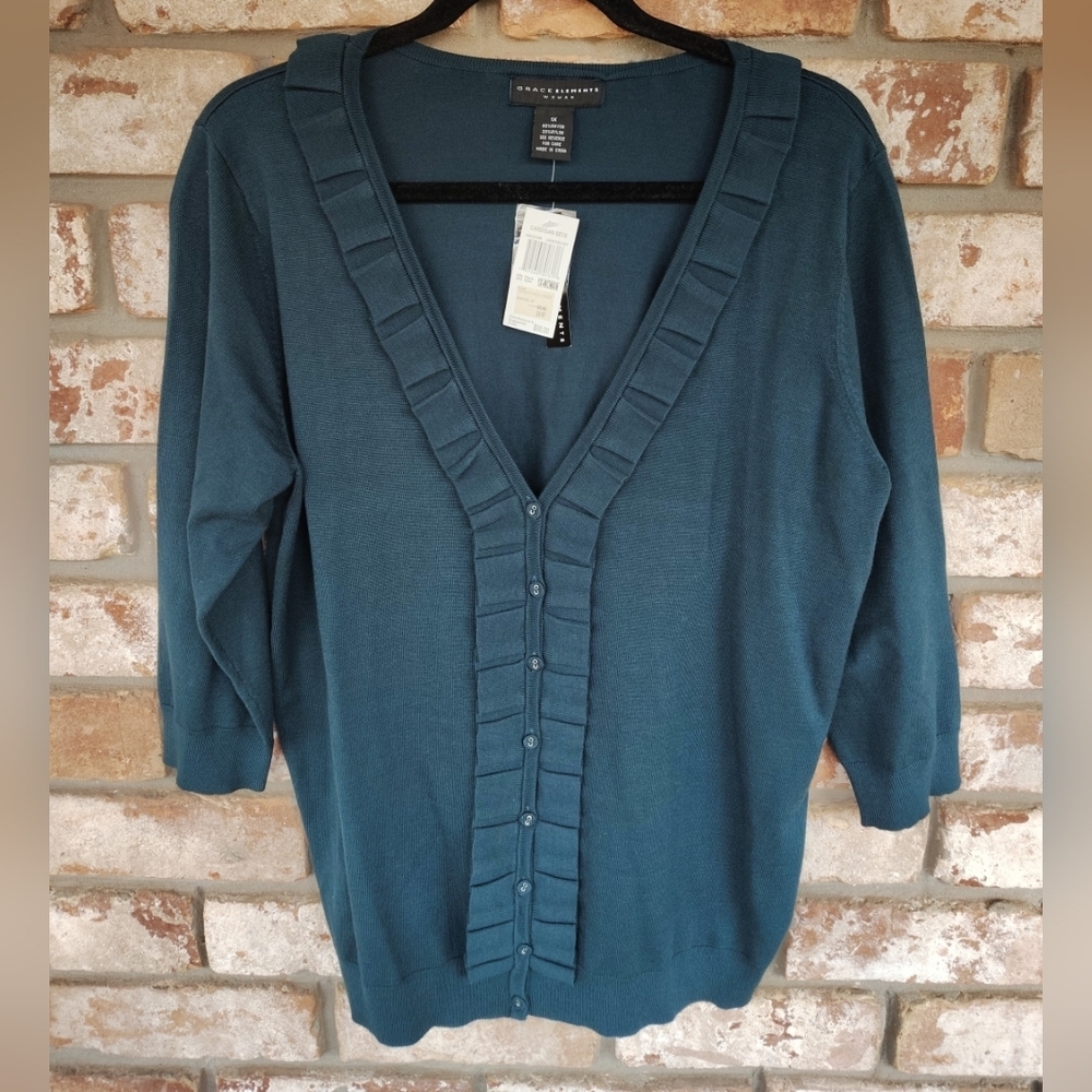 Grace Elements NWT Women's Jade Green Ruffle Front Cardigan Sweater Sz 1X Career